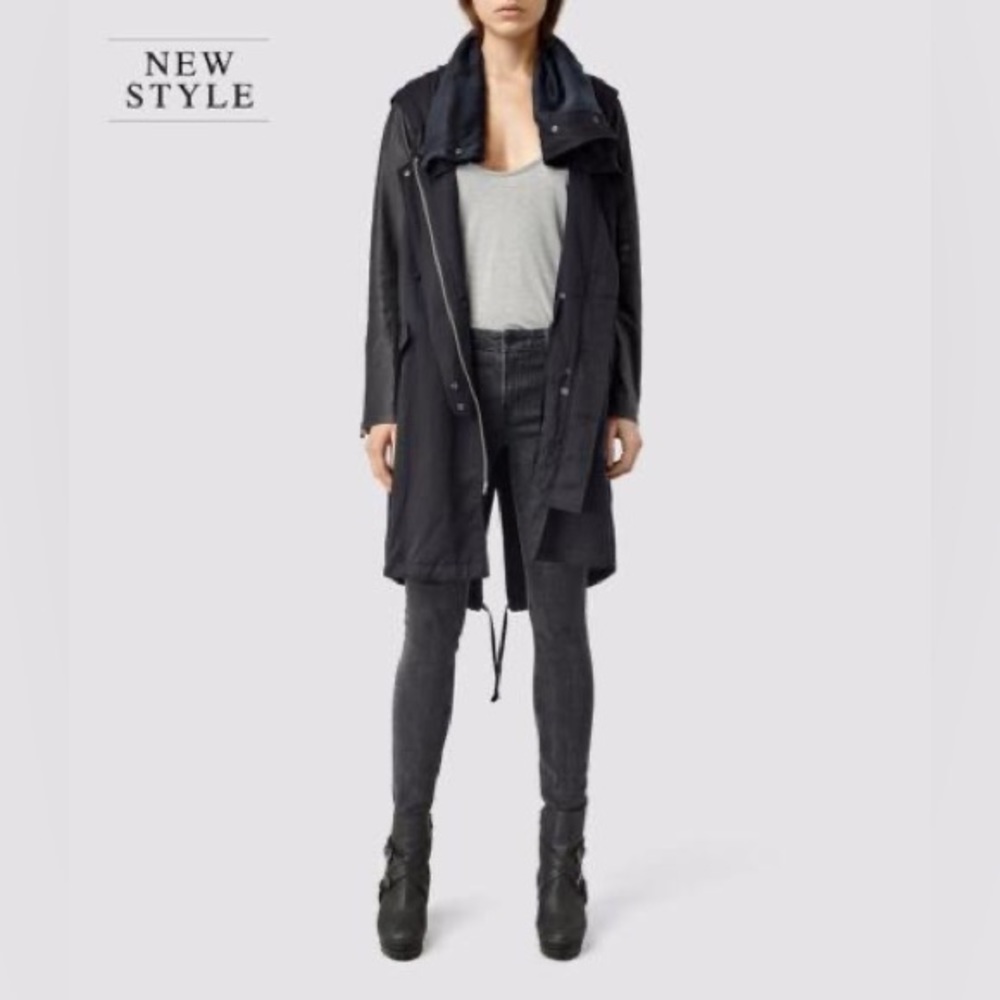 All Saints Kaito Lee Parka/Coat Black US 4 Leather Sleeves